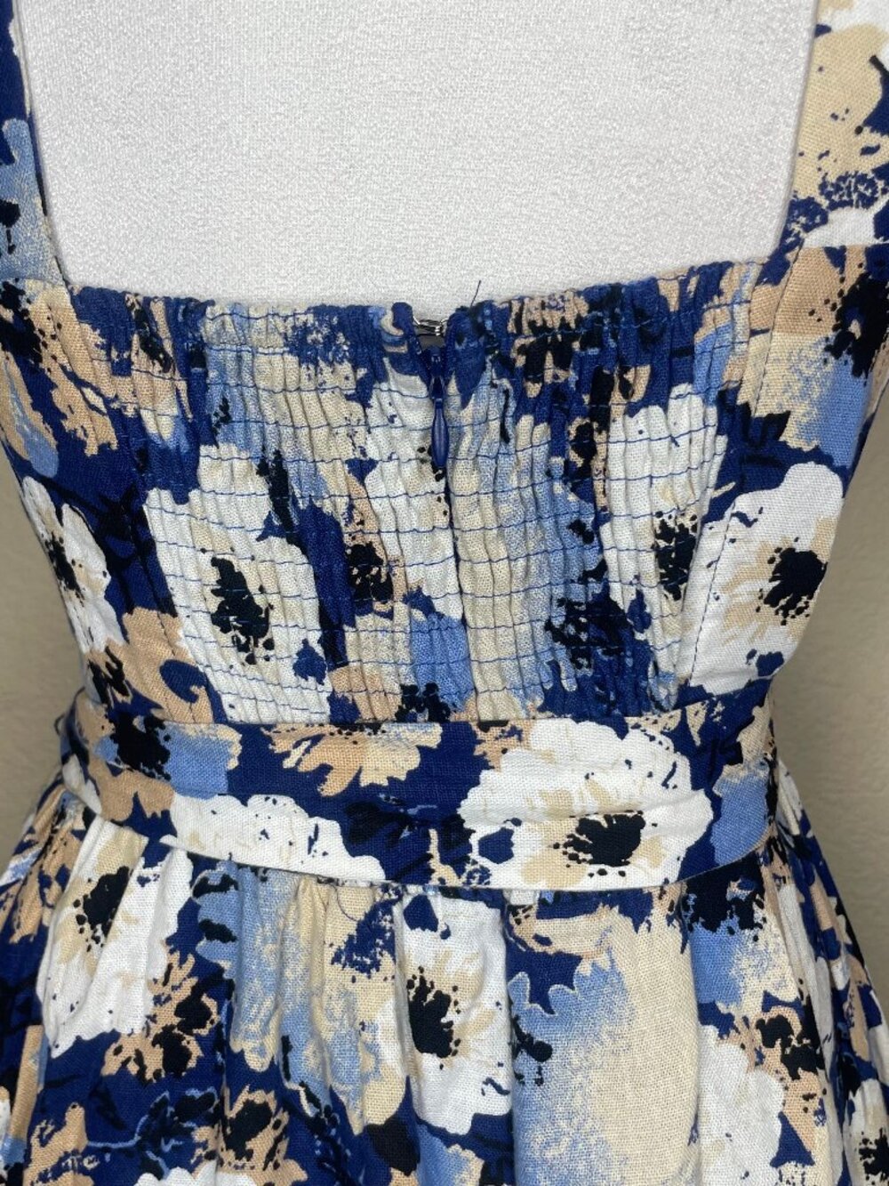 Lulus Navy Floral Linen Bustier Mini Dress XL Belted Cottagecore Sundress - Picture 6 of 12
